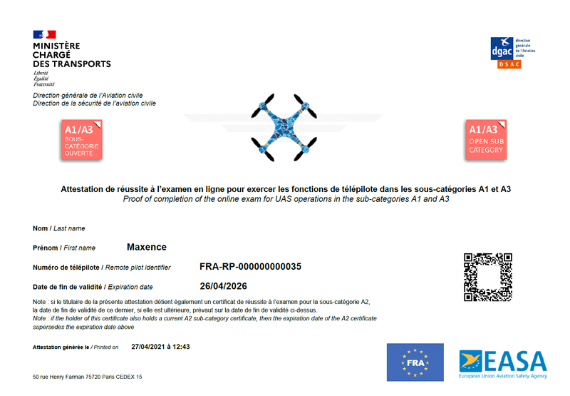 Attestation Catégorie ouverte drone uas